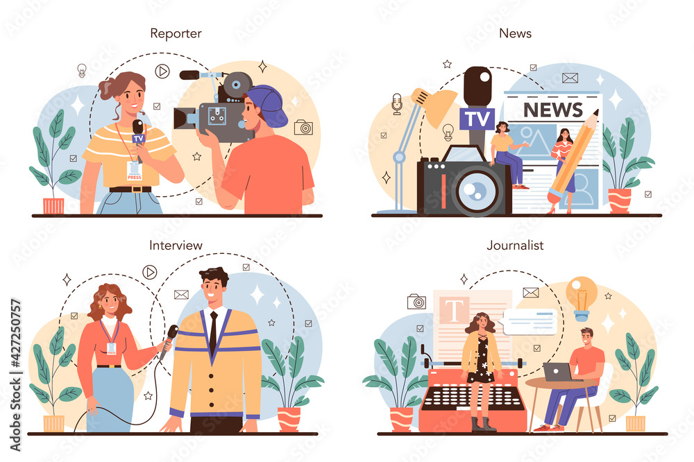 Journalist concept set. Newspaper, internet and radio journalism. Journalist concept set. Newspaper, internet and radio journalism.