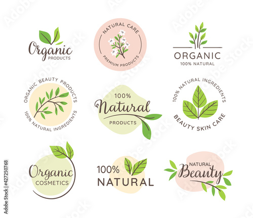 Organic and Natural label collection. Natural cosmetic emblems. Skin Care, organic beauty products. Vector illustration.