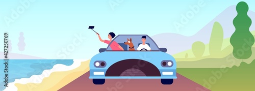 Couple trip. Person car travel, honeymoon on beach with dog. Country adventures, spring summer romantic vacations utter vector illustration