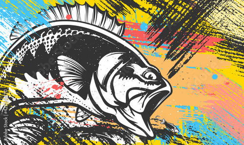 Fishing bass logo. Bass fish with rod club emblem. Fishing theme illustration. Fish Isolated on white.