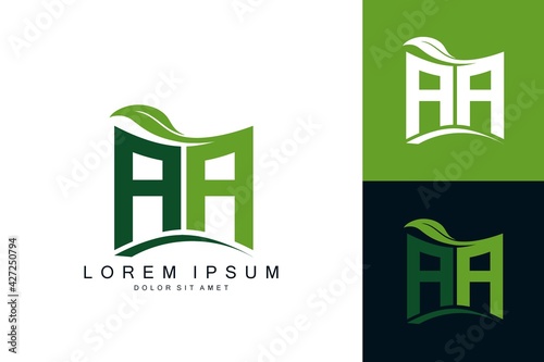 AA logo monogram with green leaf nature organic bio curved shape premium vector design template