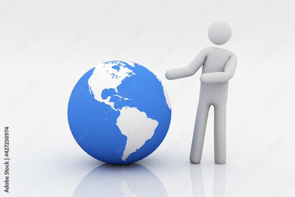 3D character pointing the Earth. North and South America map. 3D render illustration. 3D character pointing the Earth. North and South America map. 3D render illustration.