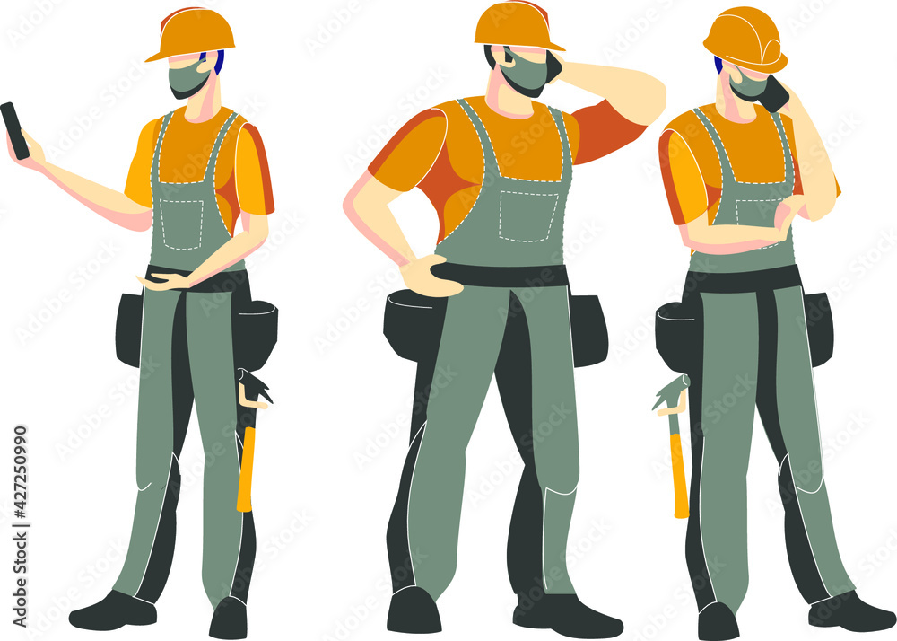 Construction workers characters. They are talking on the phone. Equipped. Teamwork, communication. Illustration for the construction business, tool shops, workwear. infographics of work teams.