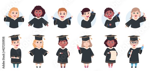 Happy graduation characters. Preschool graduates, cute cartoon little students with diploma. Isolated funny children avatars vector set