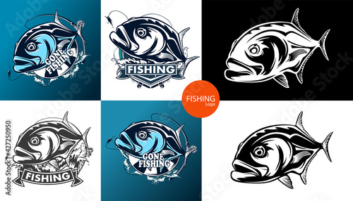Fishing emblem of  permit isolated on white. Bone fish logo in blue colours. Ocean theme background.