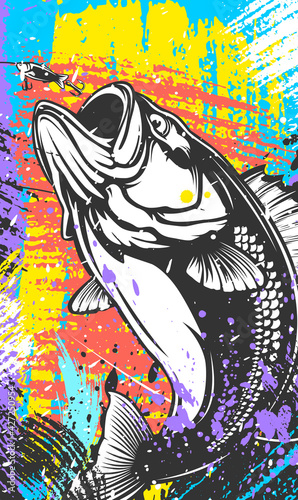 Fishing bass logo. Bass fish with rod club emblem. Fishing theme illustration. Fish Isolated on white.