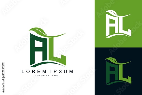 AL logo monogram with green leaf nature organic bio curved shape premium vector design template