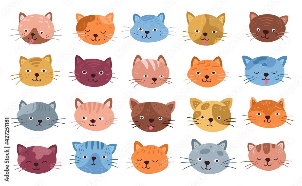 Funny cats faces. Isolated cat head, cute kitten cartoon smiles. Flat little pets expressive emoji, happy emotions of animals exact vector set