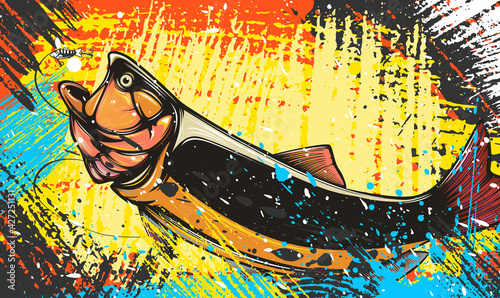 Salmon fishing  logo. Rainbow trout fish club emblem. Fishing theme illustration. Isolated on white.