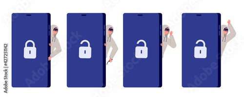 Thief character. Web thiefs, hacker phishing information. Internet cyber burglar fraud, utter flat criminal robber in mask peeping vector concept