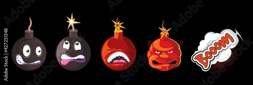 Bomb explosion animation. Cartoon bombs, funny wicked emoji. Comic boom and awesome game vector characters