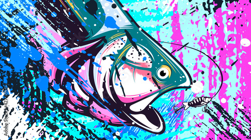 Salmon fishing  logo. Rainbow trout fish club emblem. Fishing theme illustration. Isolated on white.