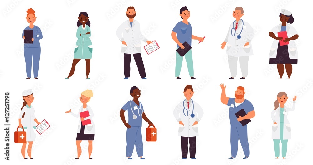 Hospital team. Medical men, doctor nurse group. Healthcare workers, isolated smiling caring staff. Cartoon decent physician, surgeon vector characters