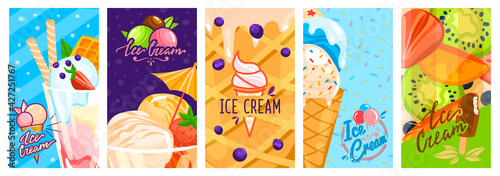Banner ice cream, colorful design delicious dserts, sweet summer image, set advertising posters, flat style, vector illustration.