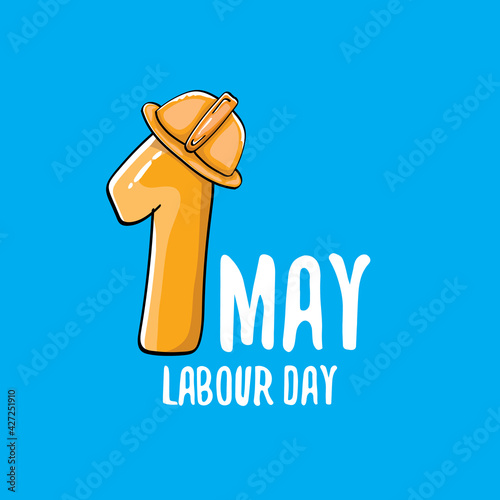 Cartoon Happy labour day vector label isolated on blue. vector happy labor day background or banner with engineer helmet, hummer and wrench. workers may day poster