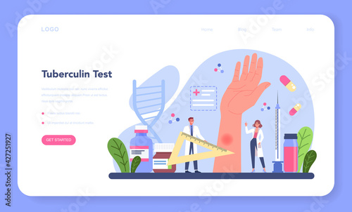 Phthisiatrician web banner or landing page. Doctor standing at big lungs