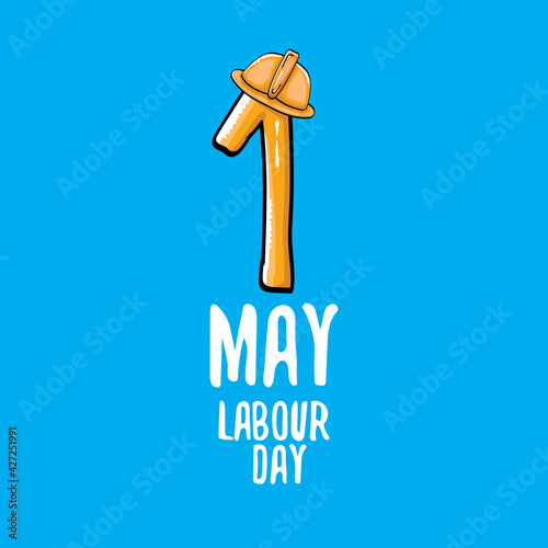 Cartoon Happy labour day vector label isolated on blue. vector happy labor day background or banner with engineer helmet, hummer and wrench. workers may day poster