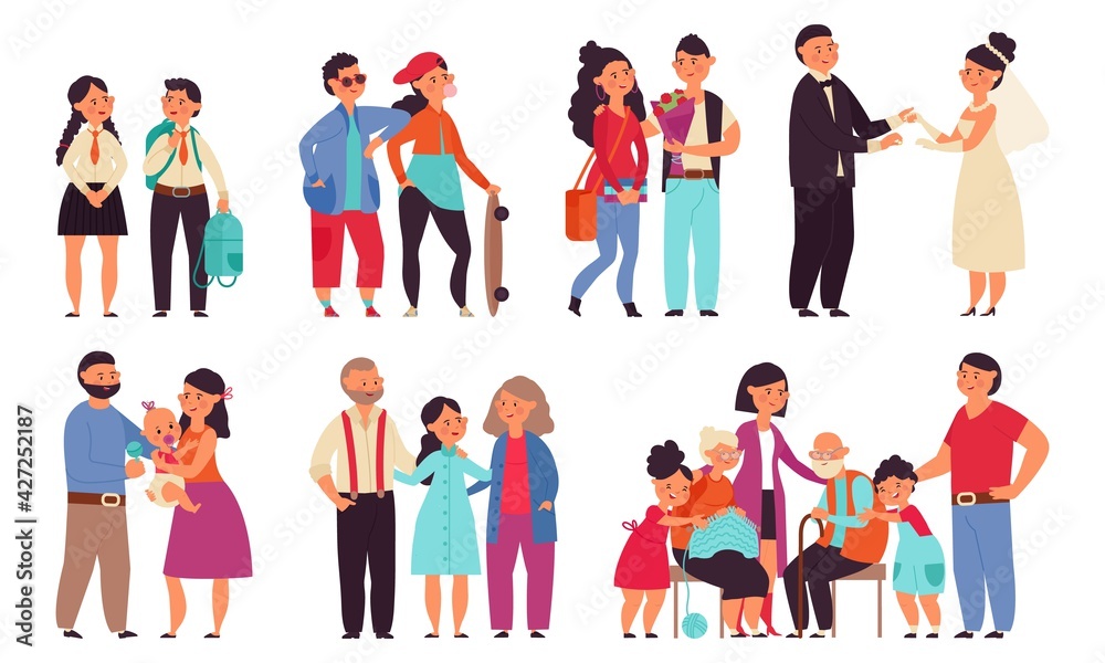 Family stages. Cartoon men play with children, steps of couple to marriage. Different generation characters, happy husband and wife decent vector set
