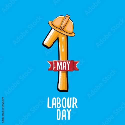 Cartoon Happy labour day vector label isolated on blue. vector happy labor day background or banner with engineer helmet, hummer and wrench. workers may day poster