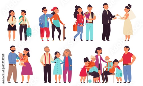 Family stages. Cartoon men play with children, steps of couple to marriage. Different generation characters, happy husband and wife decent vector set © MicroOne