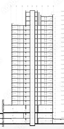 Architectural cross section illustration of a high rise condominium.  Black and white drawing with dimensions and floor levels. 