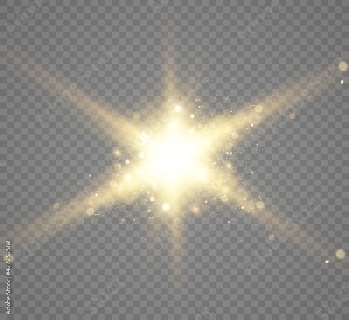 Special lens flash, light effect. The flash flashes rays and searchlight. illust.White glowing light. Beautiful star Light from the rays. The sun is backlit. Bright beautiful star. Sunlight. Glare.	
