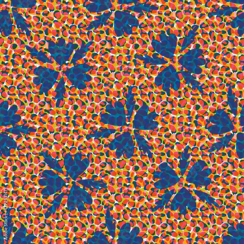 Faux leather and florals texture vector seamless pattern background. Backdrop with blue orange blended transparent layers of animal print and petals. Painterly repeat for packaging or fabric