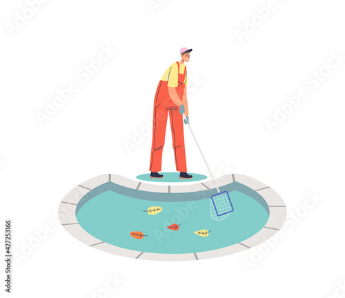 Worker man cleaning pool from garbage and leaves with net. Professional pool clean service