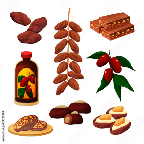 Set of dates fruits products, confectionery snacks