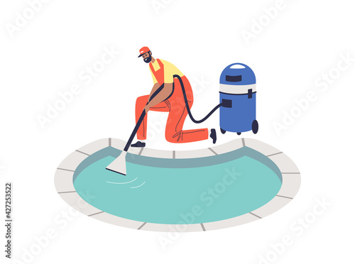 Worker in uniform cleaning water in pool with vacuum cleaner. Pool maintenance or cleaning service