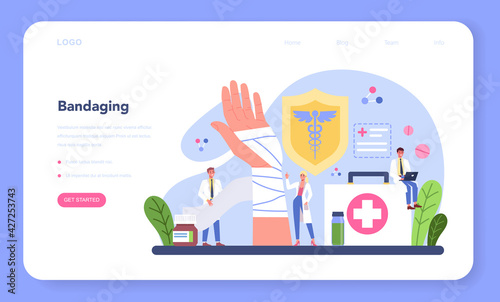 Traumatologist web banner or landing page. Injured limb, broken