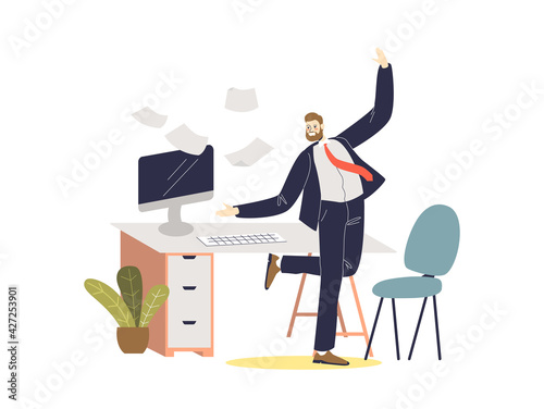 Cheerful businessman smiling boss dancing on workplace after successful agreement