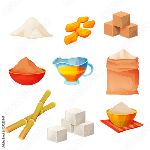 Sugar products food, cane sugar cubes and powder