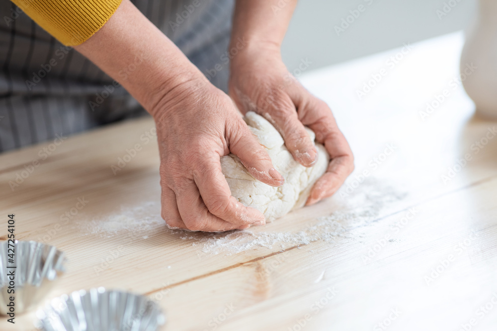 Female hands kneading dough, woman cooking in kitchen