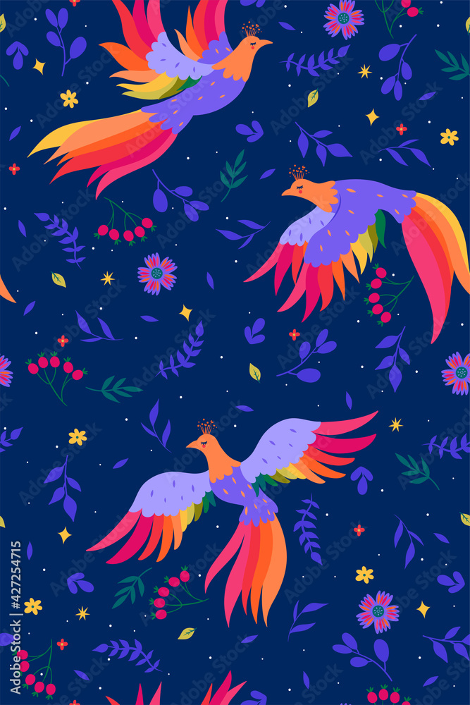 Seamless pattern with magic birds on a blue background. Vector graphics. Seamless pattern with magic birds on a blue background. Vector graphics.