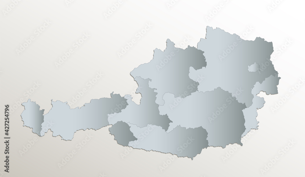 Fototapeta premium Austria map, administrative division with names, white blue card paper 3D blank