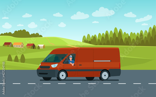 Cargo van with driver on the road against the backdrop of a rural landscape. Vector flat style illustration.
