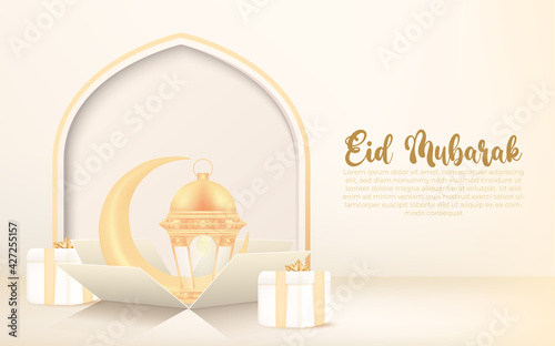 eid al-fitr background with crescent,lantern and gift box. eid mubarak banner celebration design concept.