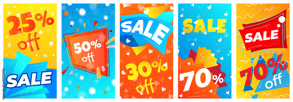 Sale banner, bright set discount posters, promotion sales various goods, great deals, design in cartoon style, vector illustration