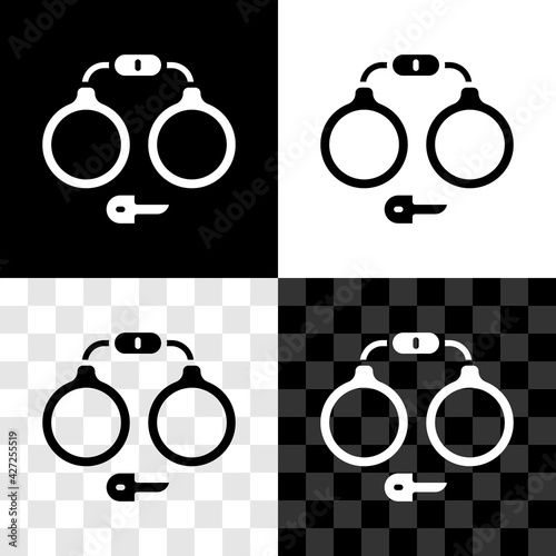 Set Handcuffs icon isolated on black and white, transparent background. Vector