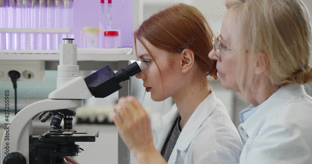 Team of scientists working together conduct experiment and look on microscope in modern laboratory Team of scientists working together conduct experiment and look on microscope in modern laboratory
