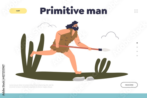 Primitive man concept of landing page with stone age person running with spear weapons