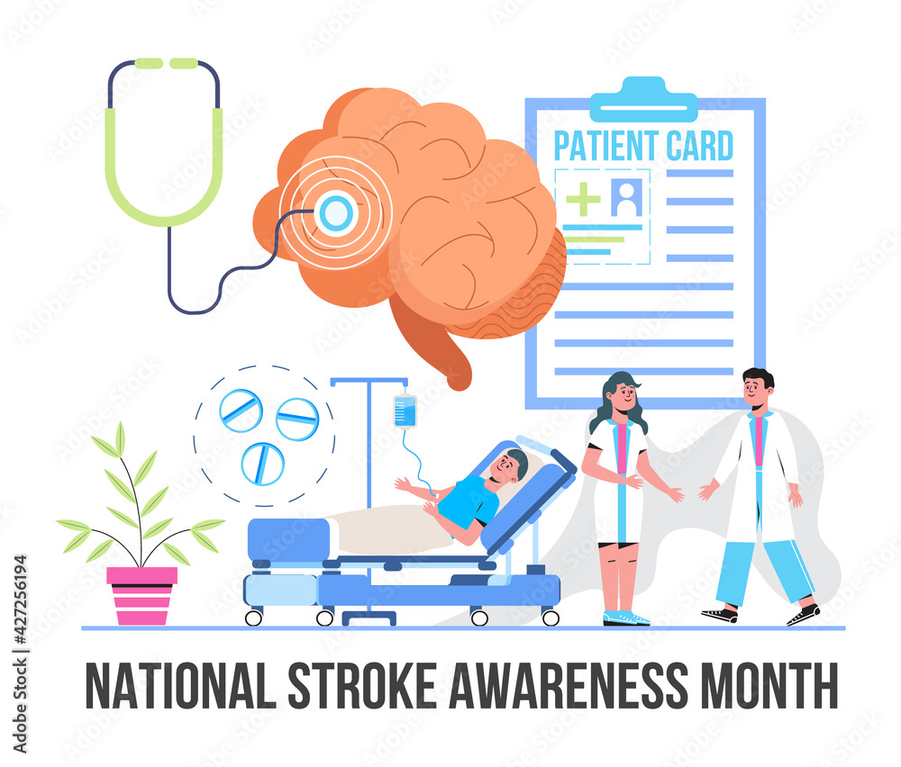 Obraz premium National Stroke awareness month concept vector. Medical event is observed in May. Neurology healthcare, dementia, Alzheimer metaphor. Anatomical science of brain and senses