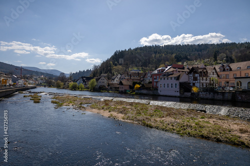 Ausblick auf ein Dorf im Schwarzwald mit einem Schloss im Hintergrund am Fluss