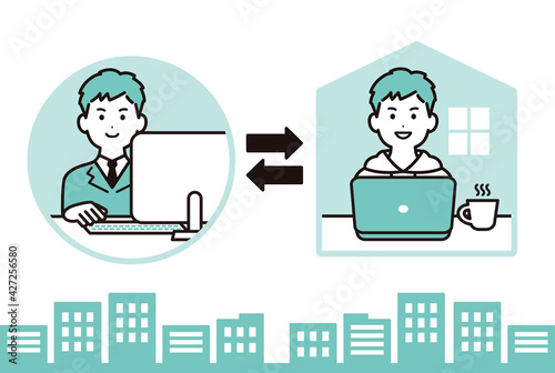 パソコン作業をしているビジネスパーソンのイラスト　男性　オフィスワークと在宅勤務の切り替え
