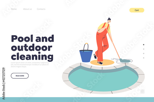 Pool and outdoor cleaning concept of landing page with woman in uniform mopping swimming pool