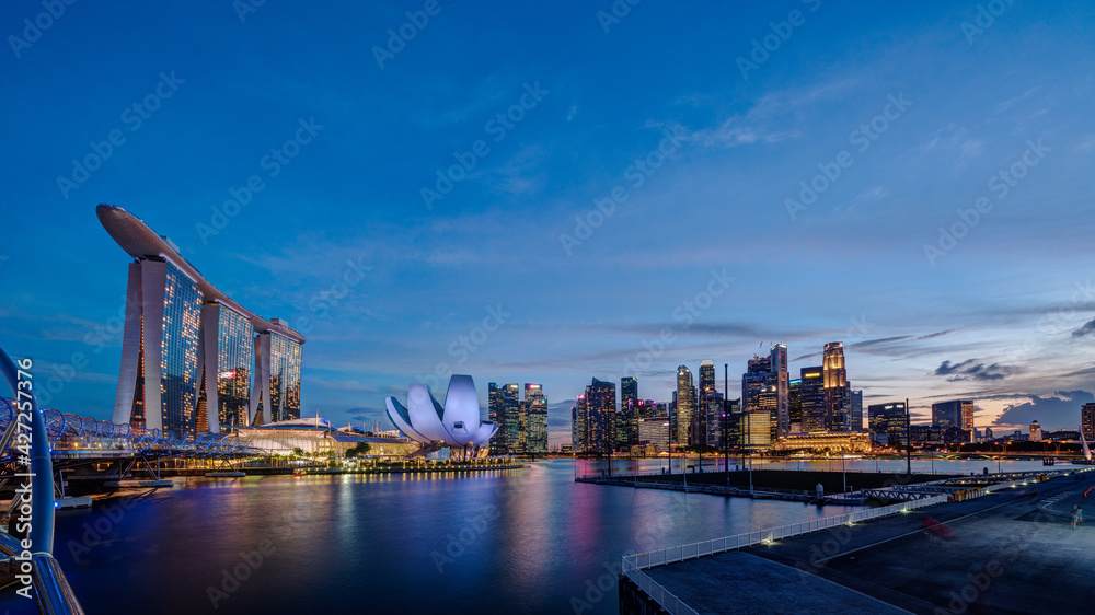 HDR image of Singapore Marina Bay Area at magic hour.	