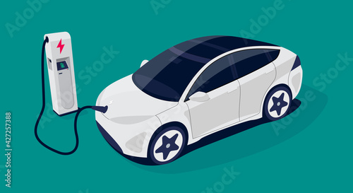 Modern electric smart car charging parking at the charger station with a plug in cable. Isolated flat vector illustration concept on colour background. Electrified futuristic transportation e-motion.
