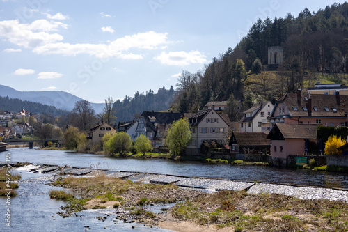 Ausblick auf ein Dorf im Schwarzwald mit einem Schloss im Hintergrund am Fluss