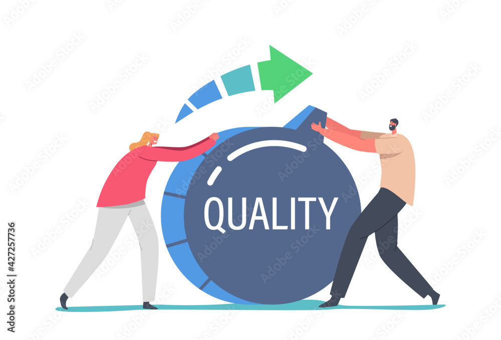 Tiny Businesspeople Characters Pull Huge Switch to Increase Level Quality and Customers Feedback Rate Evaluation